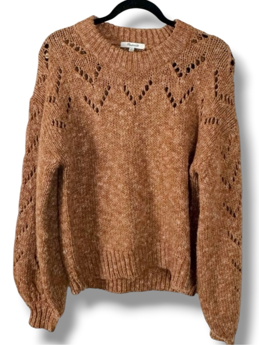 Madewell Pointelle Bubble-Sleeve Pullover Sweater in Marled Acorn Brown Small